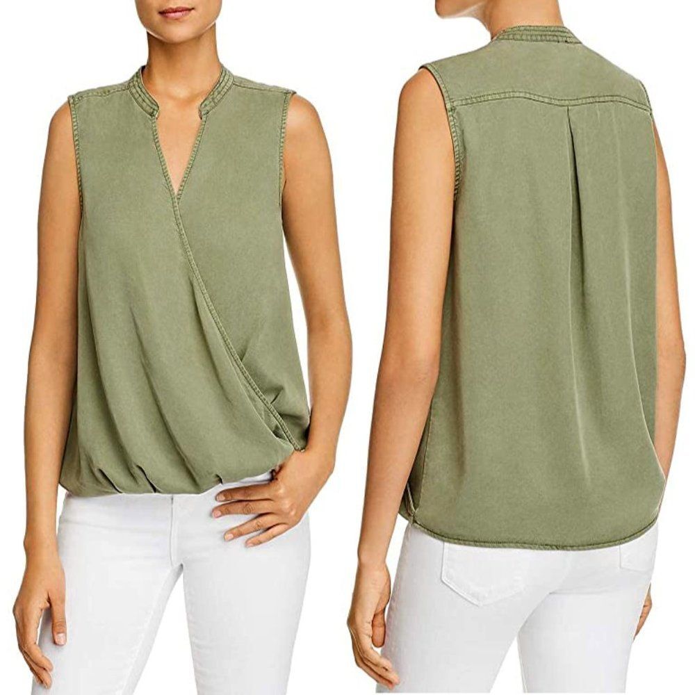 Vince Camuto Green Sleeveless Faux Wrap Twill Top Size Small